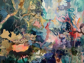 Abstract painting of a colorful underwater scene with coral, seaweed, and fish.