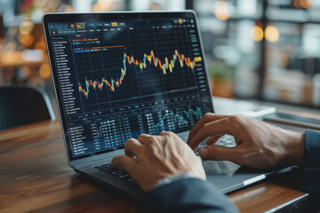 Poster - Businessman analyzing business diagrams, marketing statistics, and finance market graphs on a laptop