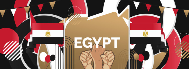 Wall Mural - Egypt National Day banner. Creative horizontal poster with Egypt flags and raised hand. Modern background for Revolution day and National holiday greeting cards, sport events and business