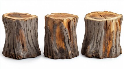 Poster - Three tree stumps standing on white background showing rough bark texture