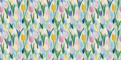 Wall Mural - a fun-loving and dreamy abstract pattern of tulips painted in a naive impressionistic style with gouache