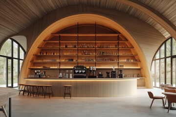 Poster - Modern cafe interior design featuring curved wooden counter and shelving