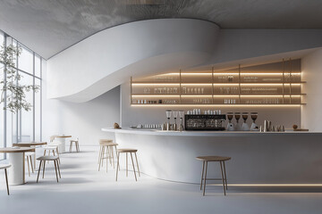 Poster - Modern white minimalist cafe interior with bar stools and big window