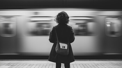 Woman waiting for subway train passing by in black and white