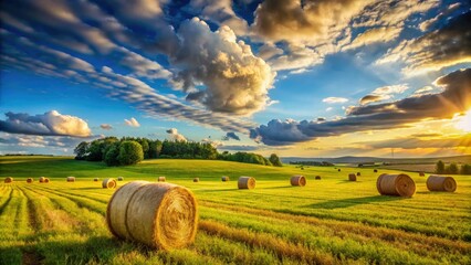 Vibrant summer morning with straw bales dotting a lush green field under a brilliant blue sky with fluffy white clouds and warm sunlight