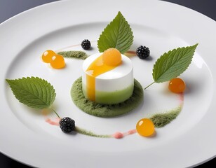 Imagine a scene from the future, a table is set with a dessert that pushes the boundaries of culinary art. The dish is multi-textured, combining sorbet, foams, and gels to create an incredible