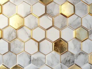 A white wall with golden hexagon tiles, creating an elegant and modern aesthetic.
