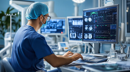 Aufkleber - Medical professional analyzing data on computer screens in hospital operating room