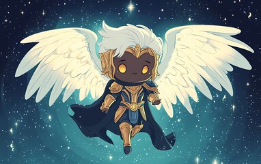 Wall Mural - Heavenly Warrior - Chibi Dark Fantasy Angel T-Shirt Design with Glowing Wings and Golden Armor Soaring in Celestial Skies