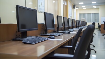 Organized computer workstations in modern office workspace with electronic equipment