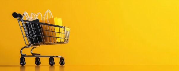 Shopping cart filled with colorful bags against a vibrant yellow backdrop, perfect for retail and consumer concepts.