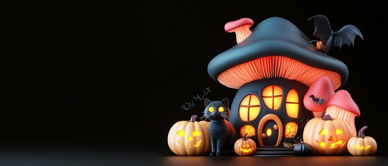 A whimsical Halloween house with glowing windows, pumpkins, a black cat, and playful mushrooms, perfect for festive decorations.