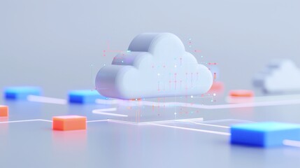 A 3D cloud symbol representing cloud computing with colorful network blocks on a sleek surface.