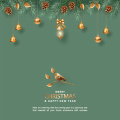 Sticker - Minimalistic Christmas and New Year card. Elegant Christmas background with fir branches, a cute bird and lantern