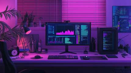 Leinwandbilder - Programmer working at desk with multiple monitors showing code in neon light