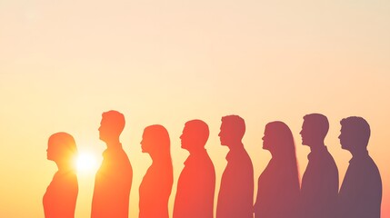 Silhouettes of People Standing in a Line at Sunset