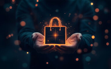 Poster - Businessman holding futuristic glowing shopping bag icon