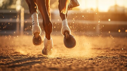 Wall Mural - Close-up of horse hooves and legs with rider at sunset on a sandy riding arena. Warm and serene equestrian scene capturing the golden light. 