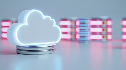 Poster - A futuristic cloud icon with neon lights, symbolizing technology, data storage, and cloud computing in a modern setting.