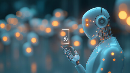 Poster - White robot using 5g network with other robots in background