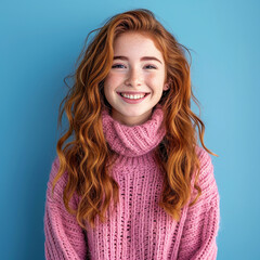 portrait of a smiling auburn-haired teenage girl in a pink sweater against a blue background with a 
