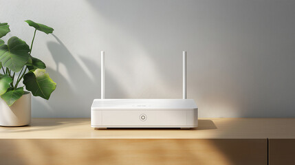 Aufkleber - New white wifi 6 router standing on wooden desk in modern minimalist apartment