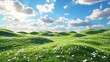 © Veayo - 3D rendering of cartoon green hills on the grassland, with a blue sky and white clouds background. C4D modeling was used with OC surface. The image has a high resolution of 8K.