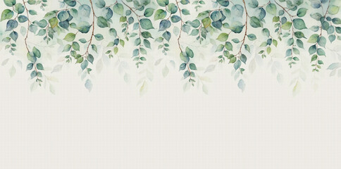 Wall Mural - Painted leaves on top. Photo wallpapers for the wall. The mural in the living room. Watercolor leaves. Tropical leaves on a gray background.