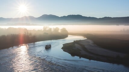 A serene sunrise scene featuring a large sun illuminating a winding river, with a small boat gently floating, surrounded by a landscape of foggy mountains creating a peaceful atmosphere