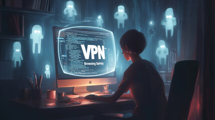 Fototapete - Woman using vpn software browsing safely online avoiding hacker attacks