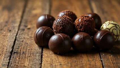 Assorted gourmet chocolate truffles on a wooden surface.