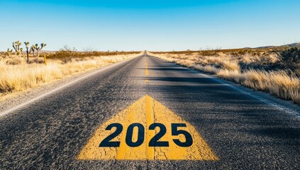 Road to 2025 with an empty road with written 2025 and arrow pointing towards the horizon to represent the future and positivity and success of the new year 2025 