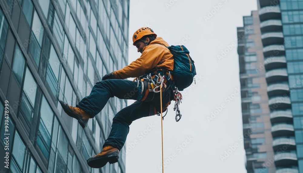 Fast Roping Onto Building Construction engineer rappelling from a high rise building using safety ...