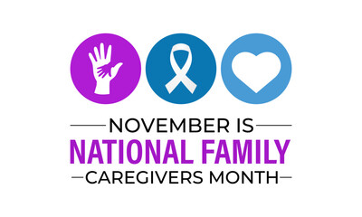 Poster - Family Caregivers month is observed every year in November. Calligraphy Poster Design. The Plum Ribbon raises awareness for cancer caregivers. Banner poster and background design template. Vector.