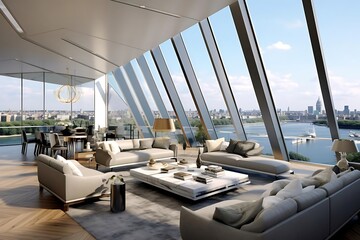 Wall Mural - Modern living room with panoramic city views and stylish furnishings.