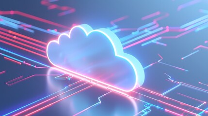 Poster - A vibrant cloud symbol glowing with neon lights, representing modern technology and digital connectivity in a futuristic setting.