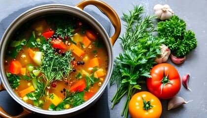 Delicious pot of soup filled with fresh vegetables, aromatic herbs, and vibrant spices, embodying the essence of healthy home-cooked meals