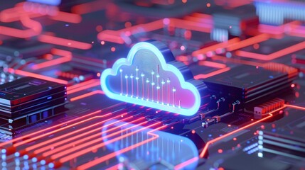 Poster - A vibrant cloud symbol over a digital circuit board, representing cloud computing and data storage technology.