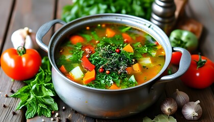 Delicious pot of soup filled with fresh vegetables, aromatic herbs, and vibrant spices, embodying the essence of healthy home-cooked meals