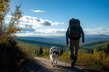 young man hiking Go on an adventure with his canine friend.