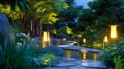 Beautiful illuminated garden or backyard pathway at night, with decorative lamps and lights, surrounded by lush green plants and trees peaceful and natural outdoor landscape summer evenings relaxation