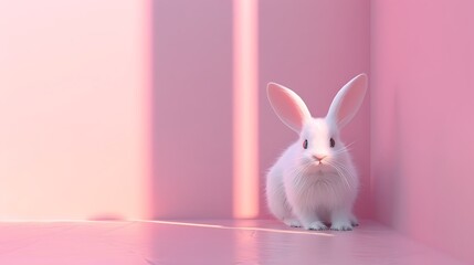 Wall Mural - A cute white rabbit sitting in a softly lit pink room, creating a whimsical and serene atmosphere.