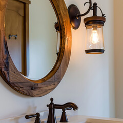 Poster - A beautifully designed bathroom featuring round wooden mirror and stylish wall sconce with warm light. elegant faucet complements rustic decor, creating cozy atmosphere