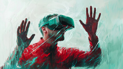 A man in a red shirt is wearing a virtual reality headset