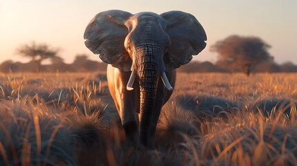 Wall Mural - A majestic elephant stands in a golden grassland during sunset, showcasing nature's beauty.