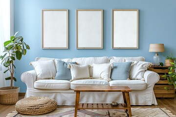 Title:  
Charming living room with a soft blue accent wall, white sofa, light blue and white cushions, natural wood furniture, and three blank framed artwork, creating a peaceful and airy atmosphere