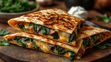 Wall Mural - Delicious quesadillas filled with spinach and cheese, served on a wooden board.