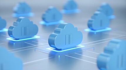 Poster - A visual representation of cloud technology with interconnected blue clouds symbolizing data storage and digital networking.