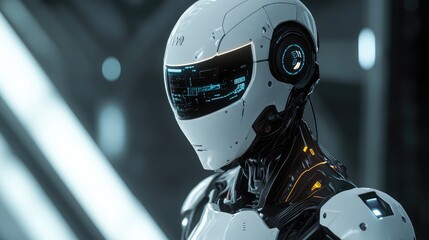 A sleek, futuristic robot with advanced AI, glowing sensors, and streamlined design, set in a high-tech environment.