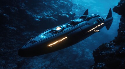 A sleek, futuristic submarine cruising through the deep ocean, surrounded by mysterious, dark waters and glowing marine life.